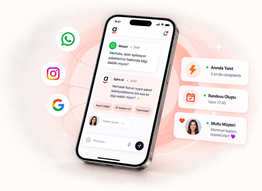 ilgilen uygulamasında WhatsApp üzerinden gelen lazer epilasyon fiyat sorusuna anında verilen yapay zekâ yanıtı ve oluşturulan randevu bildirimi